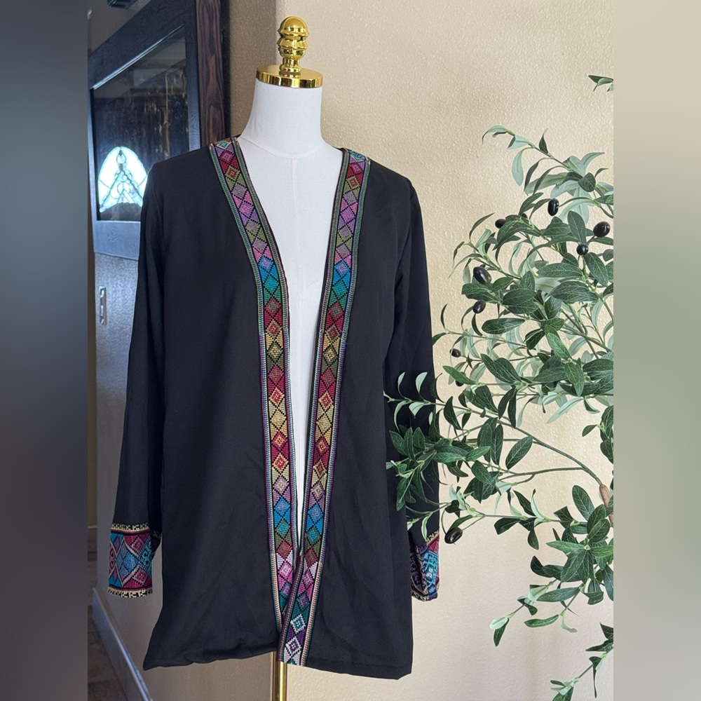 Colorful Embroidered Black Open Cardigan